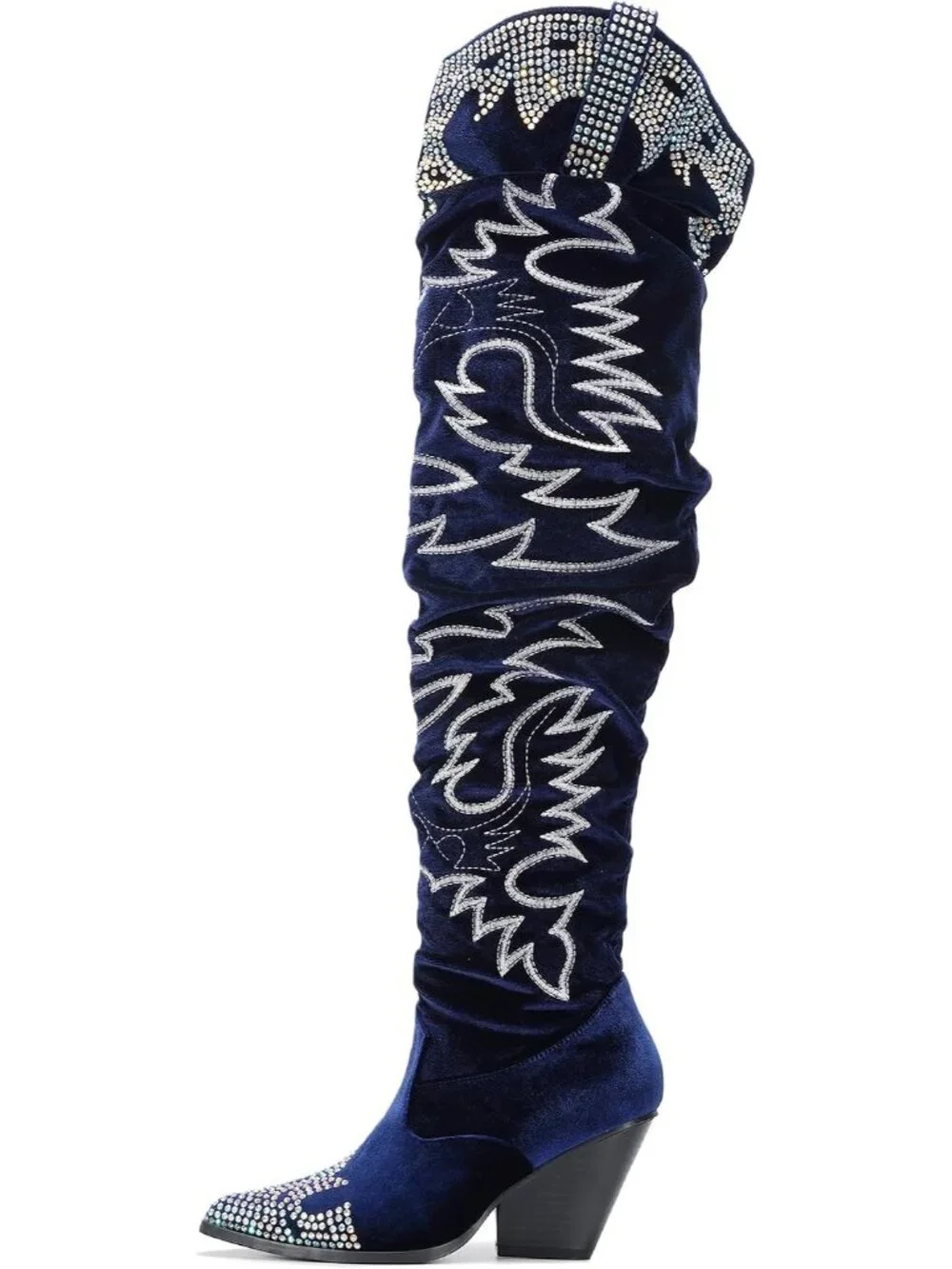 🆕 Women's Blue Rhinestone Embroidered Cowboy Wide Calf Over The Knee Boots